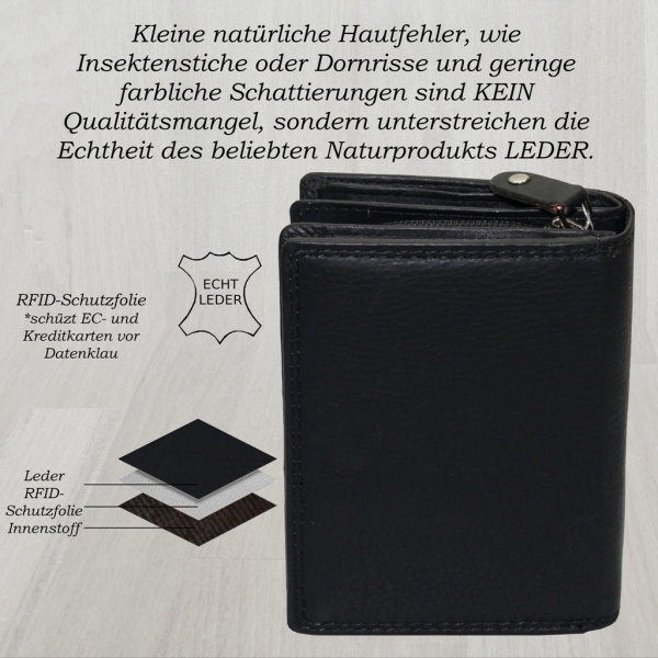 flevado Damengeldbörse Brieftasche Echt Leder mit Riegelverschluss RFID Schutz Handarbeit Schwarz